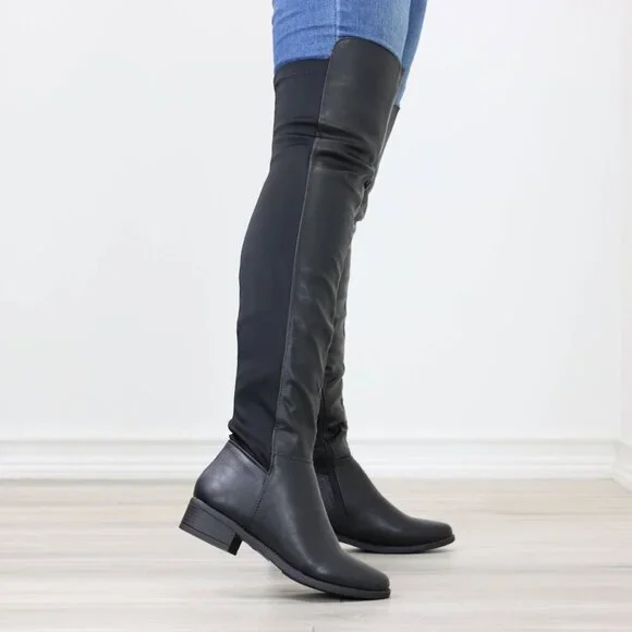 Low Heel Thigh High Boots Over The Knee Faux Leather & Stretchy Material Mix - Picture 12 of 15